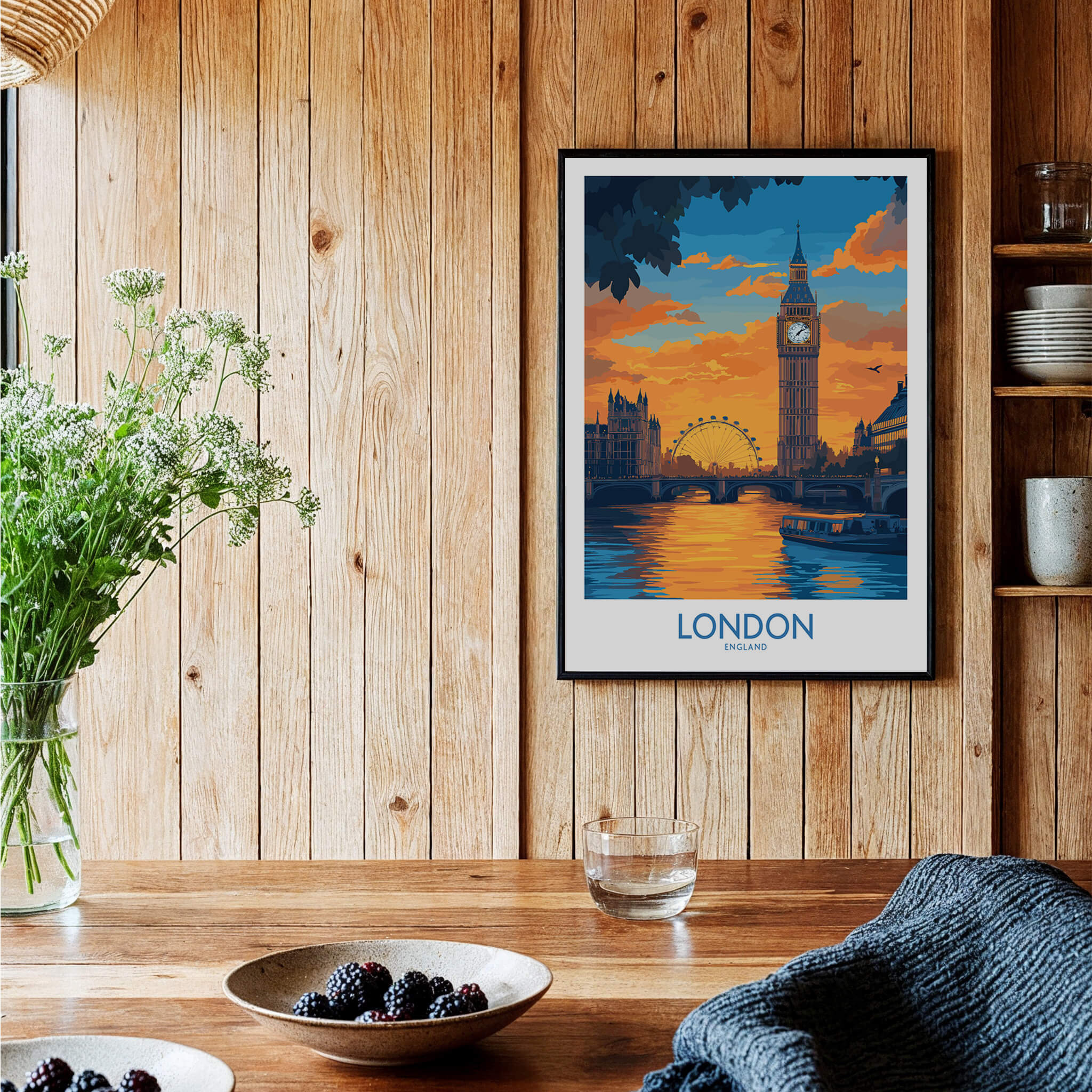 Thames River London Print | Skyline with Big Ben & London Eye in a cozy home setting.