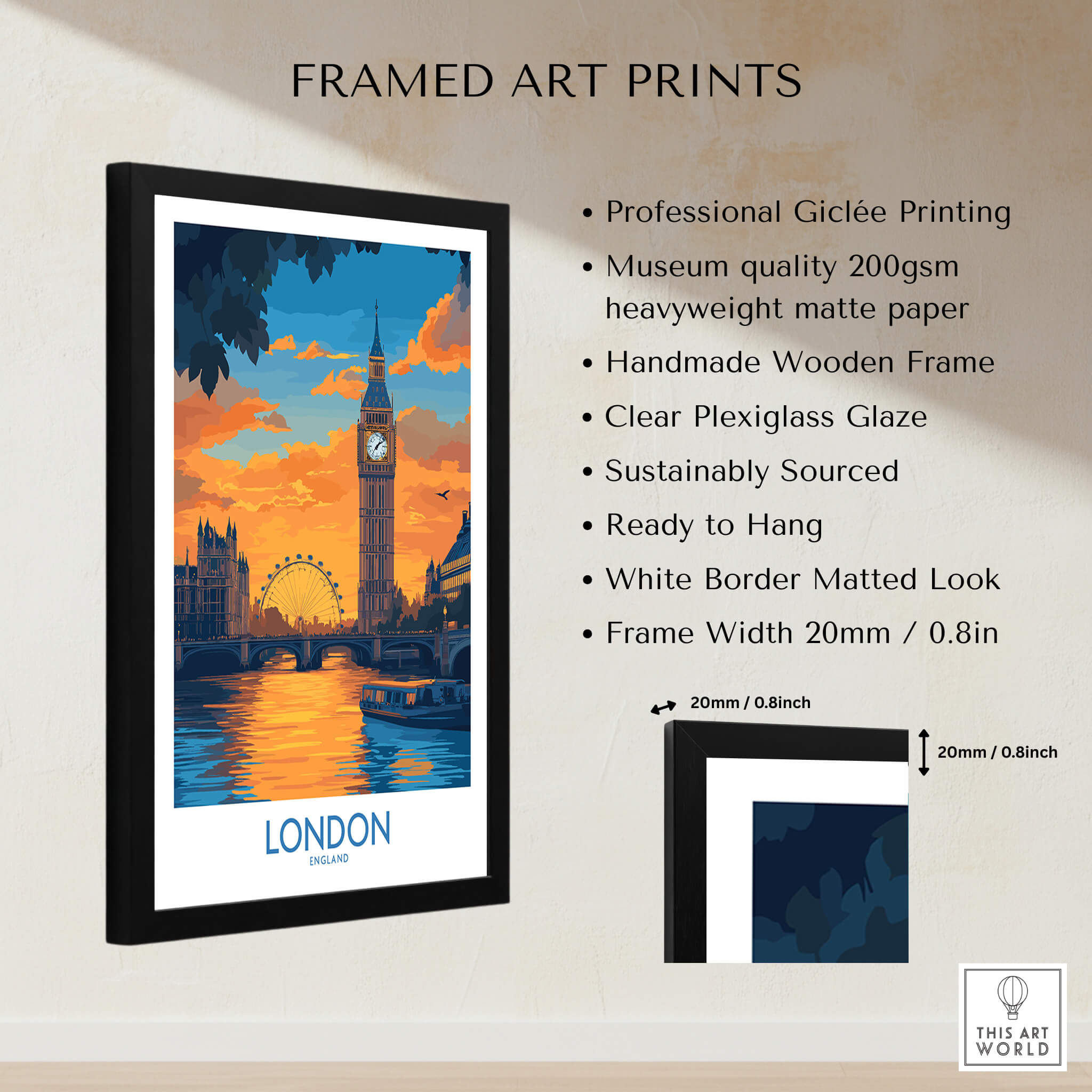 Thames River London Print | Skyline with Big Ben & London Eye in framed art with sunset backdrop.