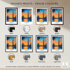Thames River London Print | Skyline with Big Ben & London Eye framed print color options including black, white, and gold.