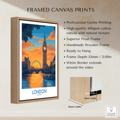Thames River London Print | Skyline with Big Ben & London Eye framed canvas print showcasing vibrant colors and details.