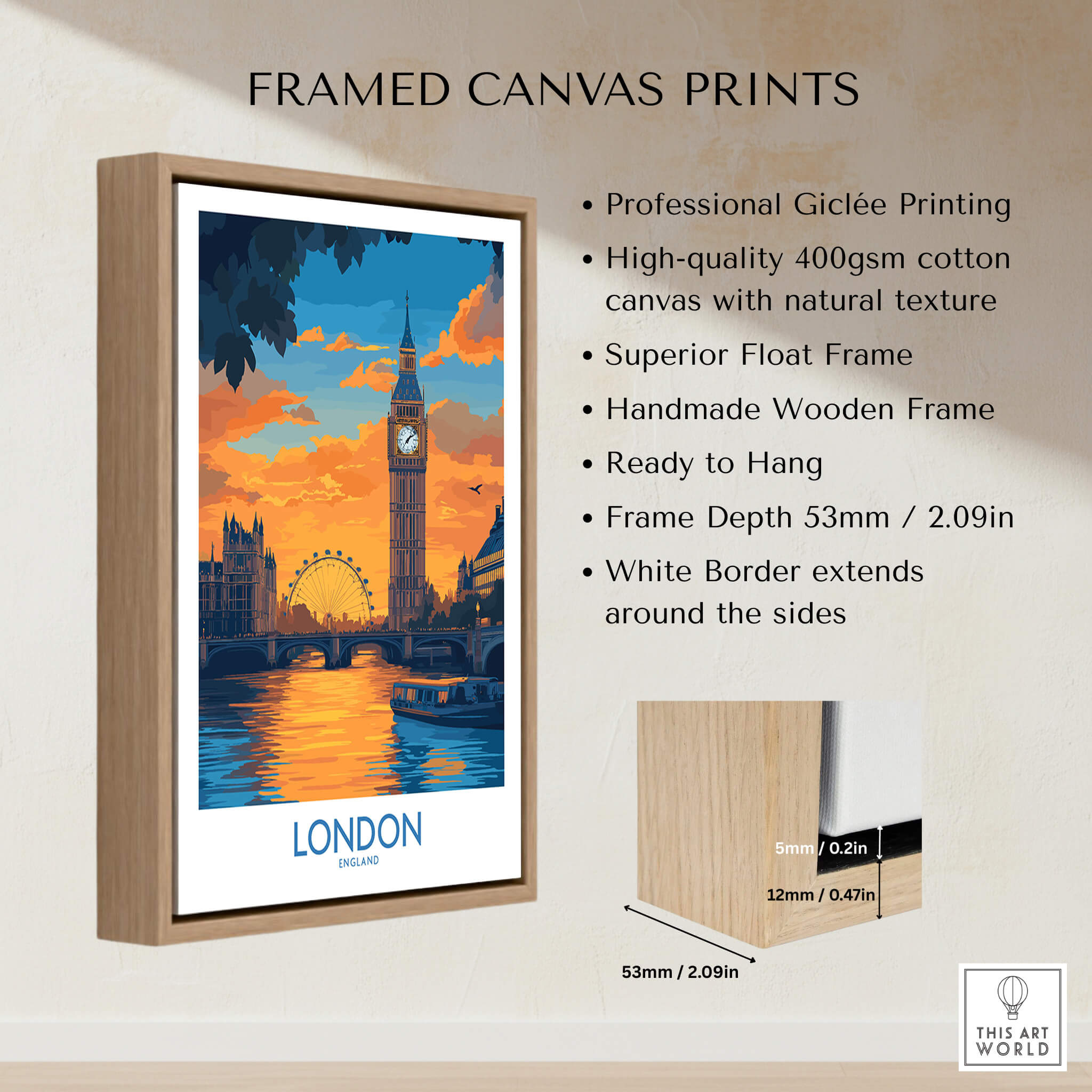 Thames River London Print | Skyline with Big Ben & London Eye framed canvas print showcasing vibrant colors and details.