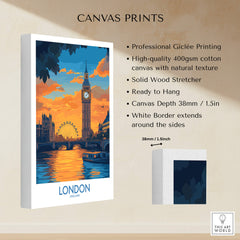 Thames River London Print | Skyline with Big Ben & London Eye canvas print showcasing iconic London landmarks.