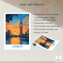 Thames River London Print | Skyline with Big Ben & London Eye vibrant artwork featuring iconic London landmarks at sunset.