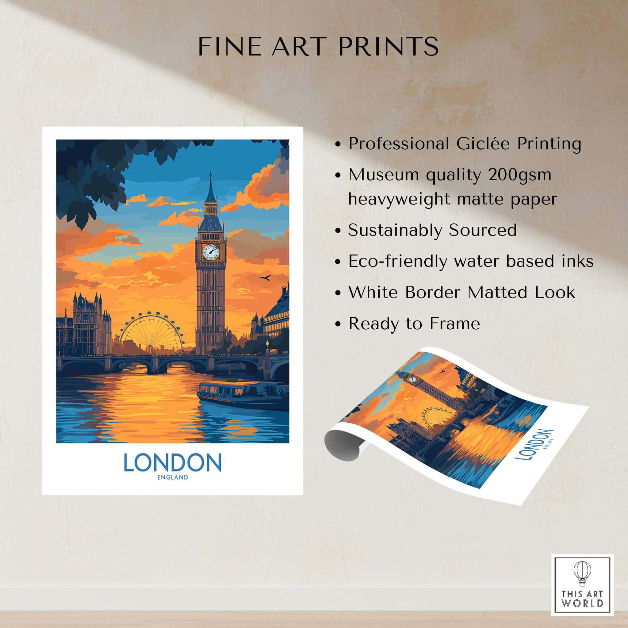 Thames River London Print | Skyline with Big Ben & London Eye vibrant artwork featuring iconic London landmarks at sunset.