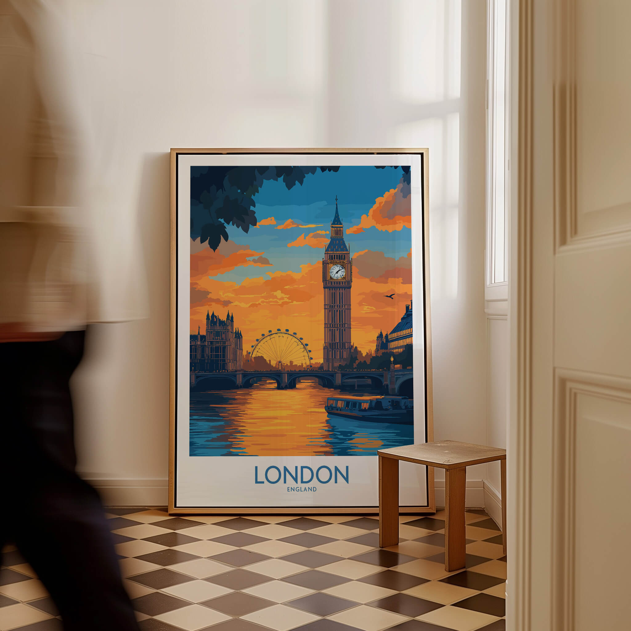 Thames River London Print | Skyline with Big Ben & London Eye displayed in a stylish home interior.
