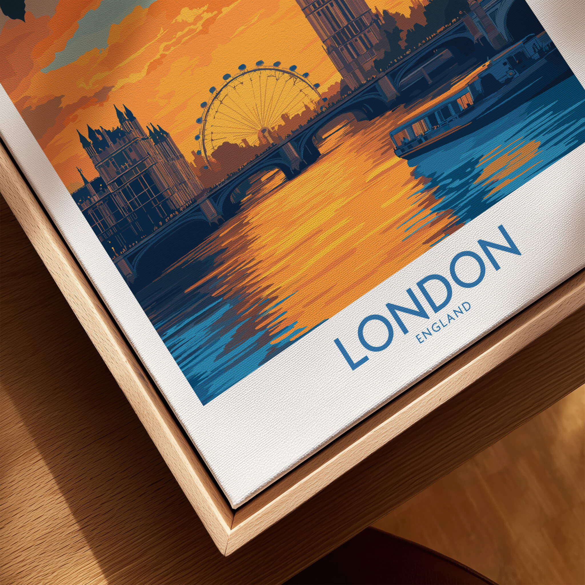 Thames River London Print | Skyline with Big Ben & London Eye in vibrant colors, showcasing iconic London landmarks.