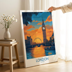 Thames River London Print | Skyline with Big Ben & London Eye on display with vibrant colors.