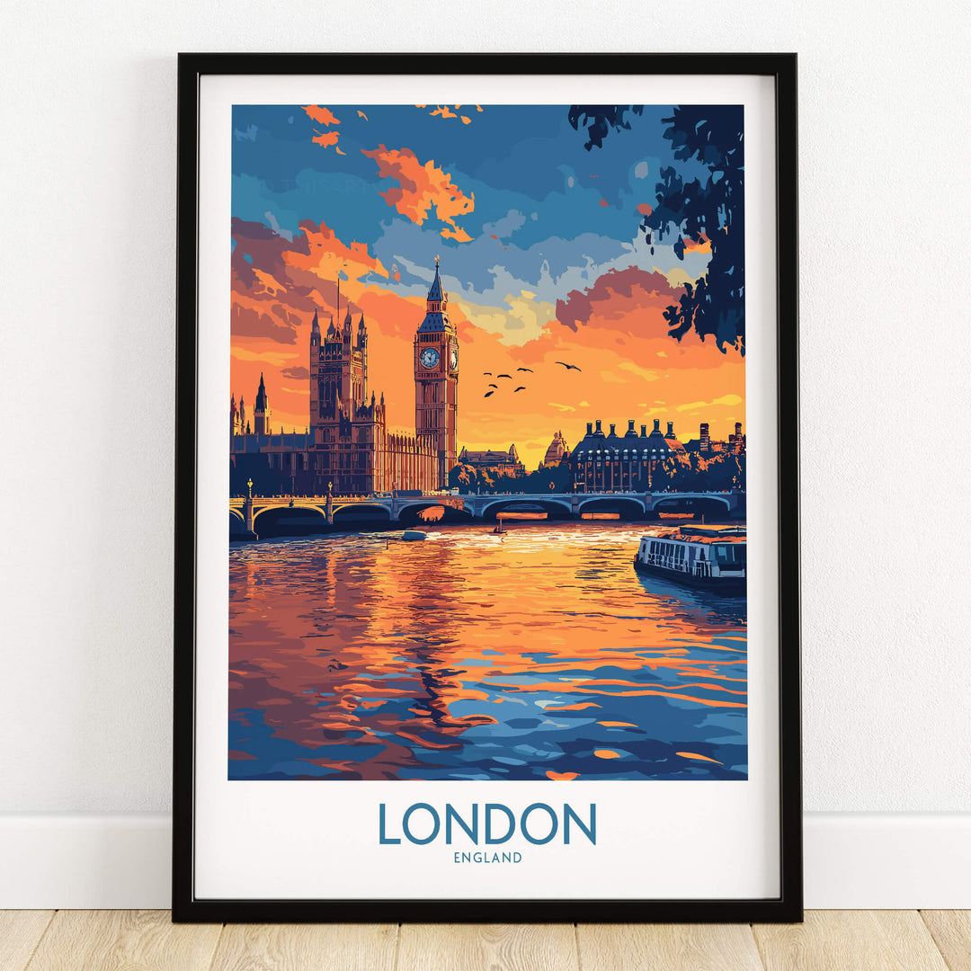 London Print | River Thames & Big Ben Wall Art featuring sunset reflections and iconic landmarks.