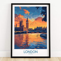 London Print | River Thames & Big Ben Wall Art featuring sunset reflections and iconic landmarks.