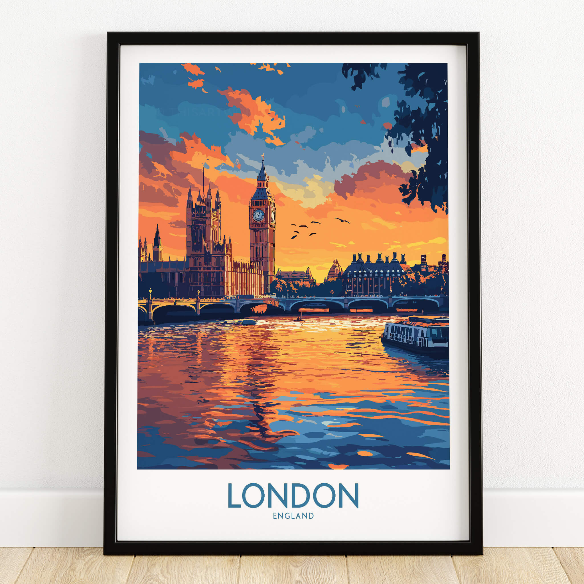 London Print | River Thames & Big Ben Wall Art featuring sunset reflections and iconic landmarks.