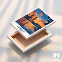 London Print | River Thames & Big Ben Wall Art displayed on a decorative box showcasing the stunning sunset over London.