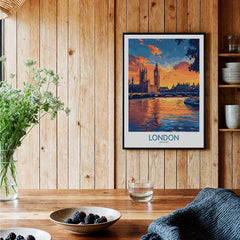 London Print | River Thames & Big Ben Wall Art showcasing the River Thames and Big Ben at sunset, enhancing home decor.