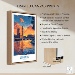 London Print | River Thames & Big Ben Wall Art framed canvas print showcasing vibrant sunset over the Thames.