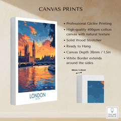 London Print | River Thames & Big Ben Wall Art showcasing a sunset over the Thames with Big Ben and Parliament.