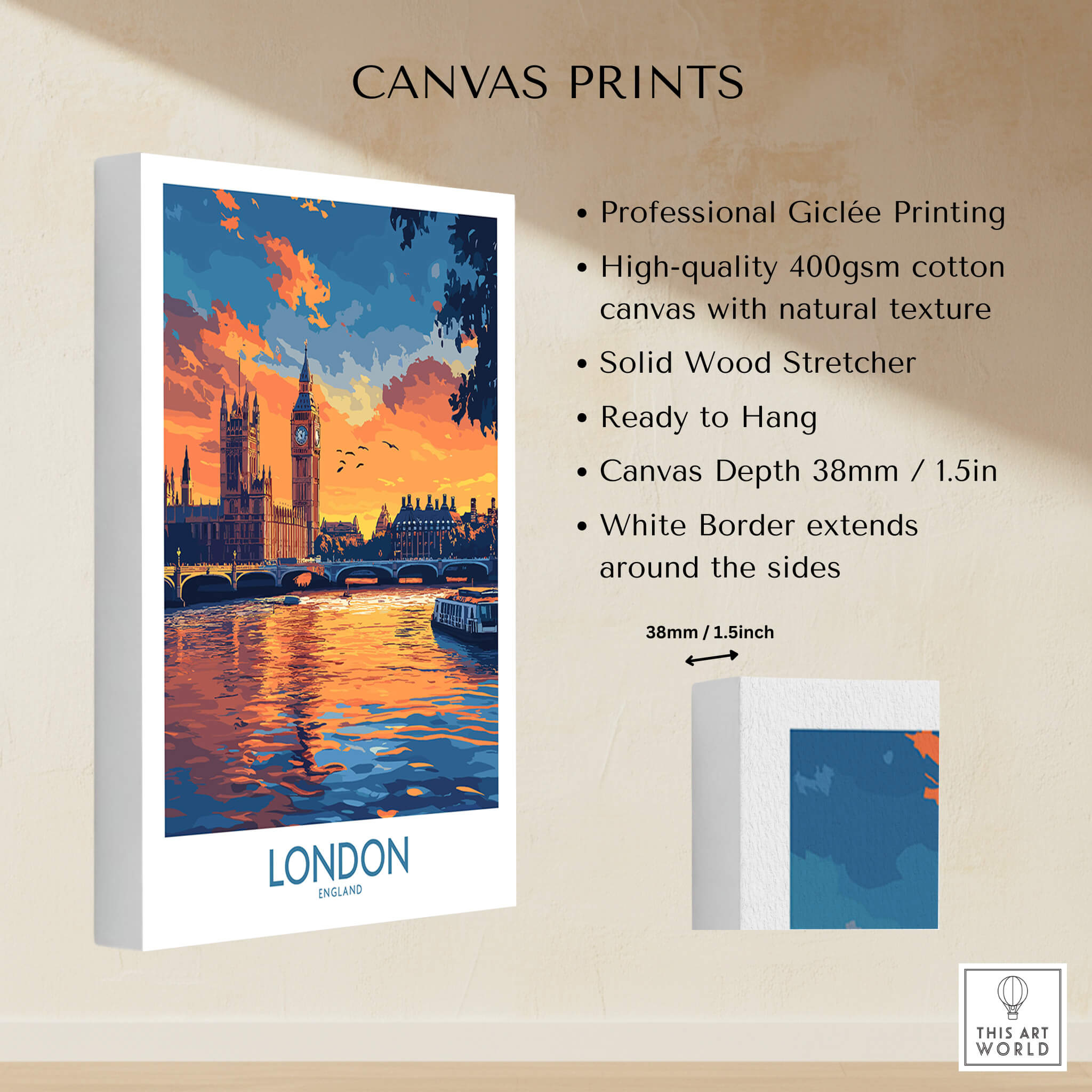 London Print | River Thames & Big Ben Wall Art showcasing a sunset over the Thames with Big Ben and Parliament.