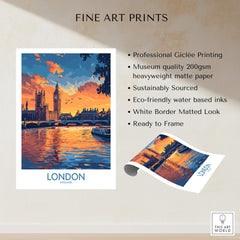 London Print | River Thames & Big Ben Wall Art showcasing Giclée printing and vibrant sunset colors.