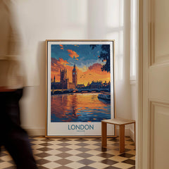 London Print | River Thames & Big Ben Wall Art displayed in a modern room with sunset reflections.
