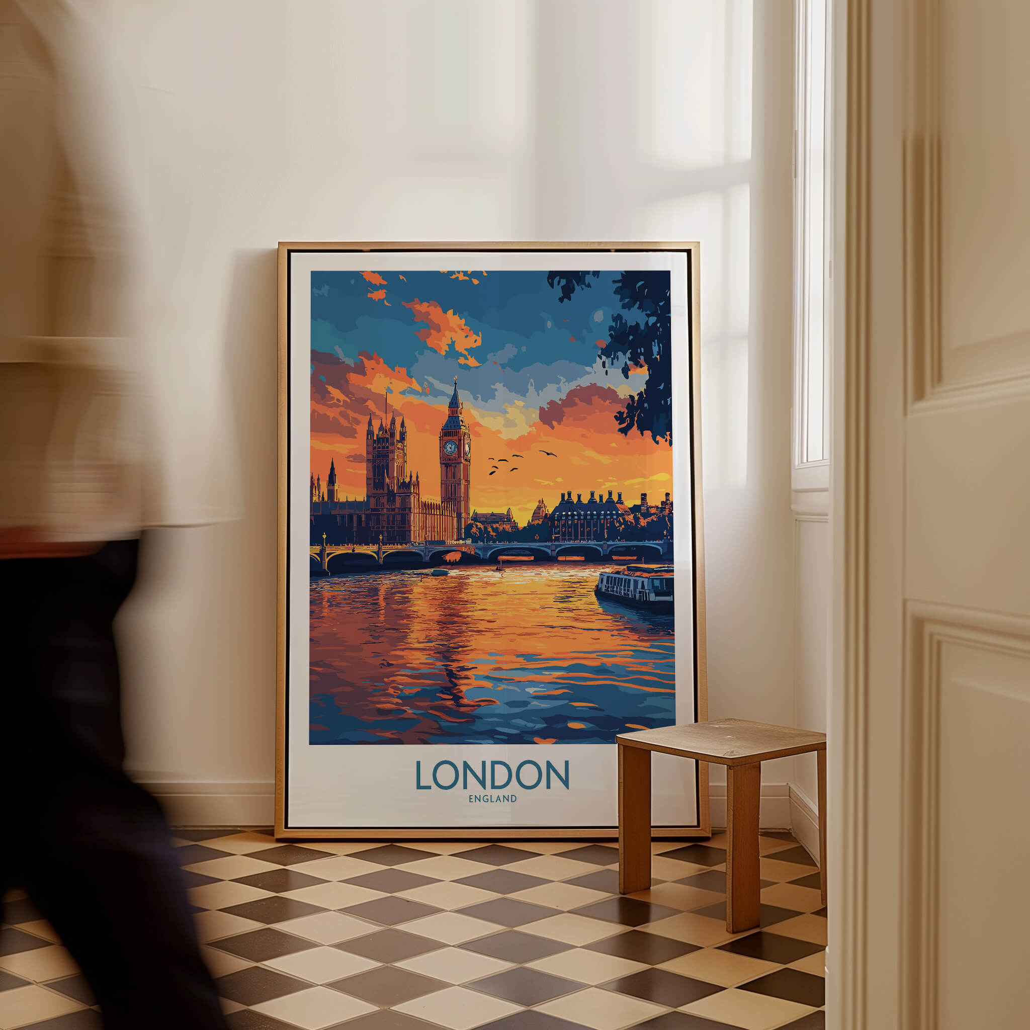 London Print | River Thames & Big Ben Wall Art displayed in a modern room with sunset reflections.