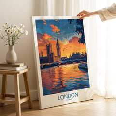 London Print | River Thames & Big Ben Wall Art depicting sunset over River Thames with Big Ben and Houses of Parliament.