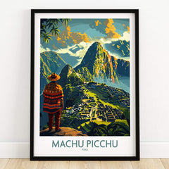 Machu Picchu Travel Poster depicting the ancient city and mountains of Peru with vibrant colors and intricate details.