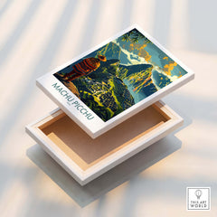 Machu Picchu Travel Poster featuring vibrant colors and an Incan figure on a decorative box.
