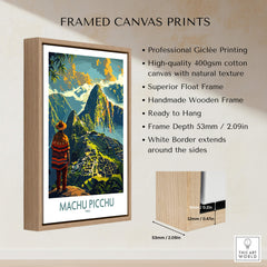 Machu Picchu Travel Poster framed canvas print showcasing the ancient Incan city with vibrant colors and high-quality design.