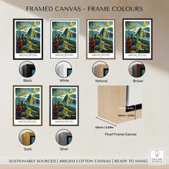 Framed canvas options for Machu Picchu Travel Poster including colors: Black, White, Natural, Brown, Gold, Silver.