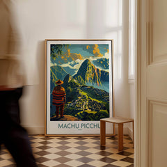 Machu Picchu Travel Poster featured in a stylish interior with a scenic view of Machu Picchu and a traveler.