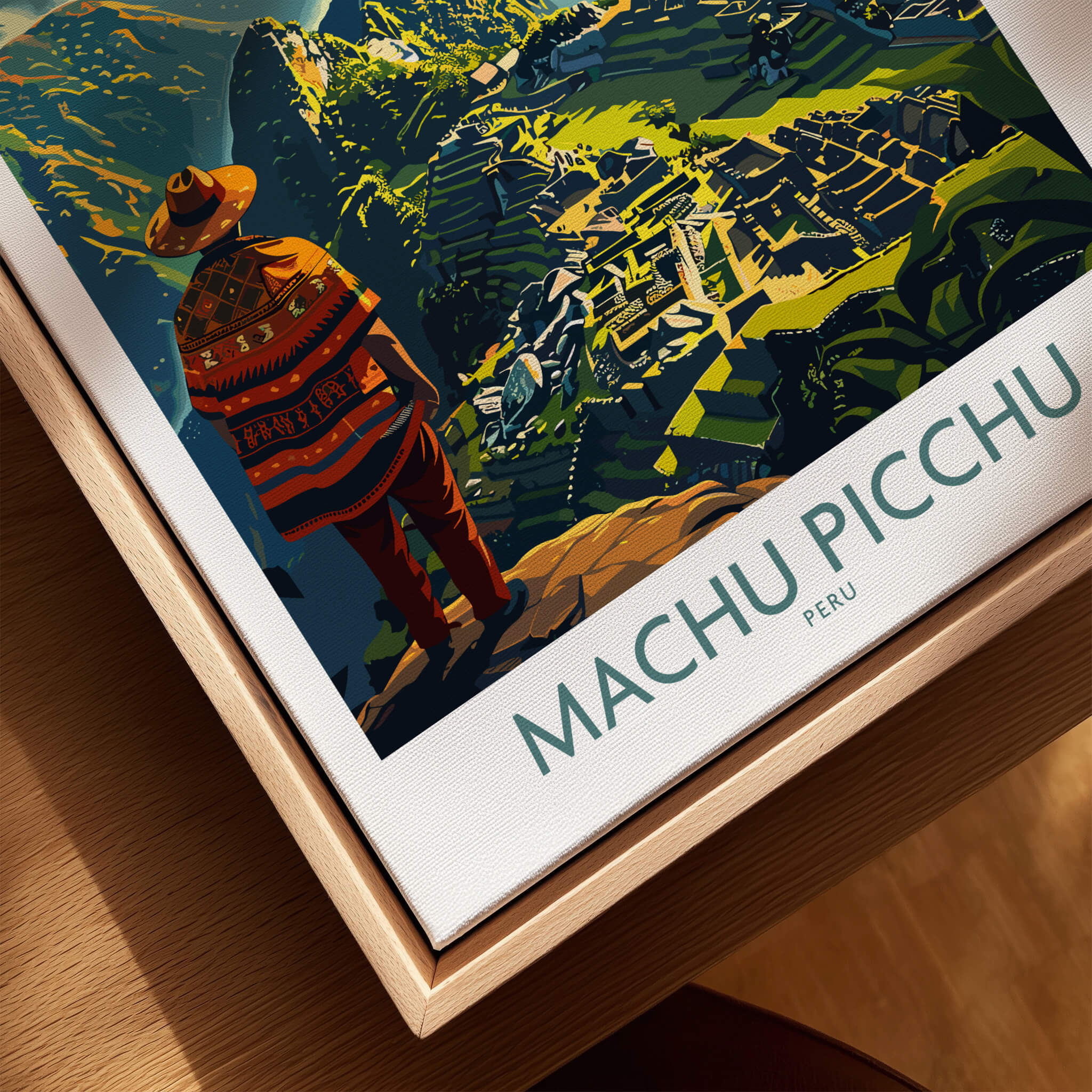 Machu Picchu Travel Poster featuring a colorful illustration of the ancient city, perfect for travel enthusiasts.