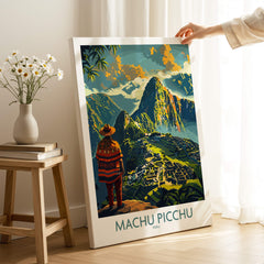 Machu Picchu Travel Poster showcasing the ancient Incan city with vibrant colors and a cultural theme.