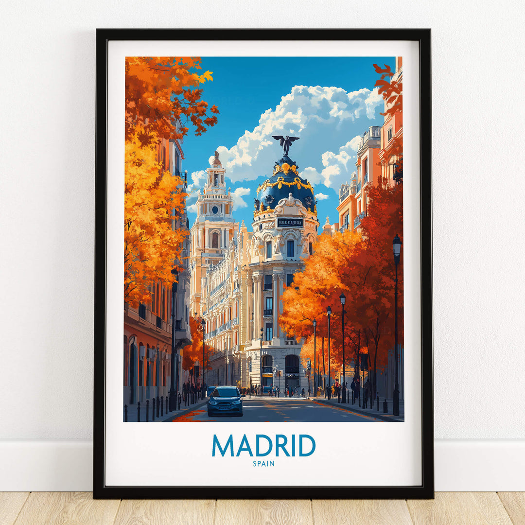 Madrid Wall Art Print featuring a vibrant street scene in autumn with historical architecture.