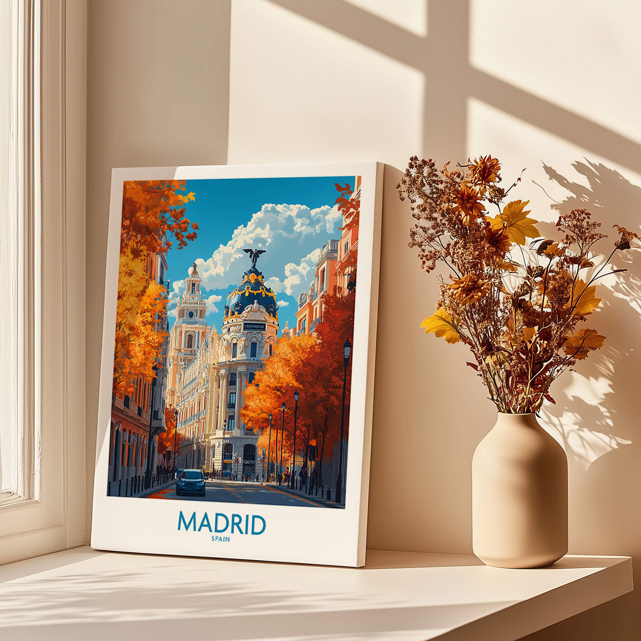 Madrid Wall Art Print showcasing vibrant autumn streets and iconic architecture of Madrid, Spain.