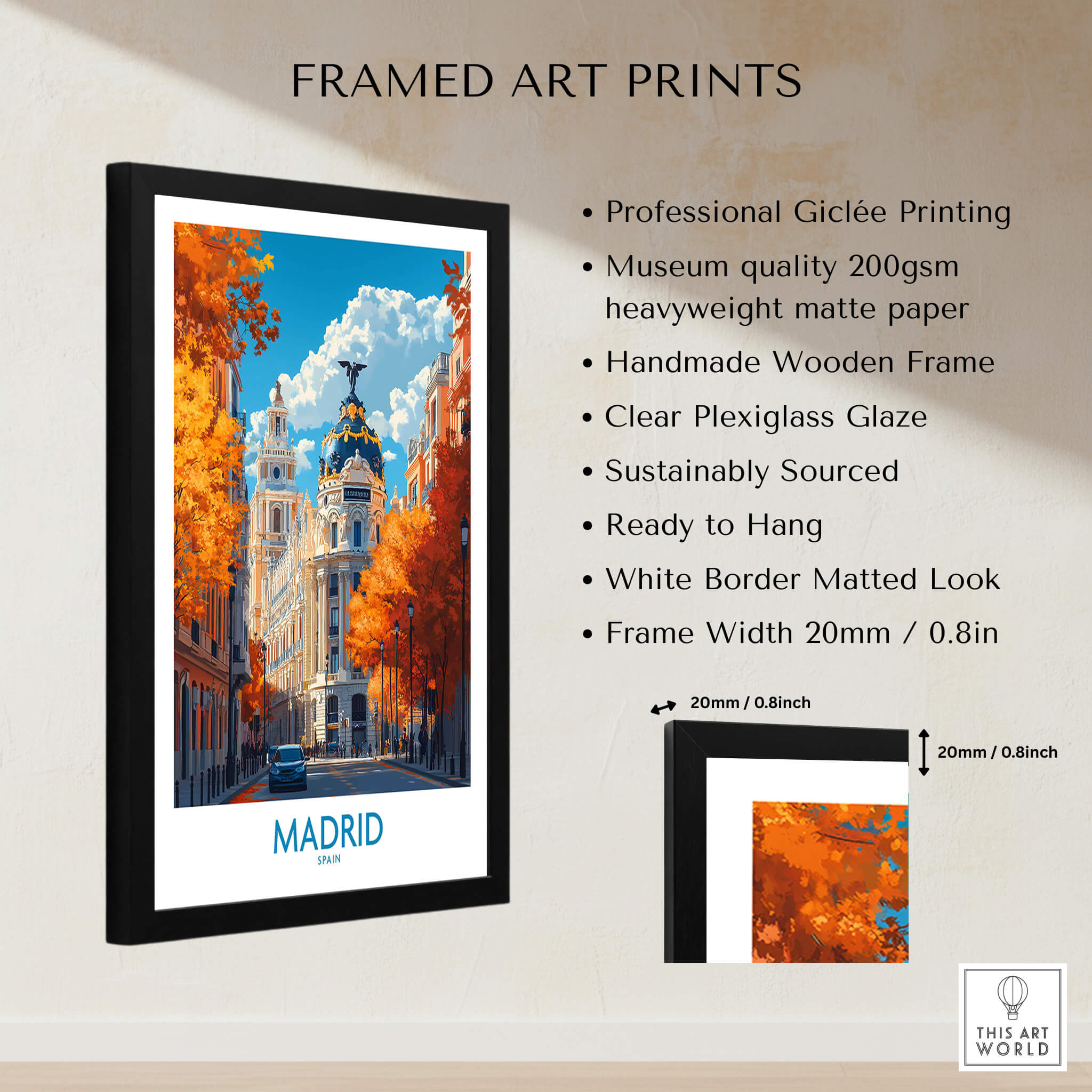 Madrid Wall Art Print - Framed art print featuring vibrant Madrid cityscape with clear plexiglass glaze.