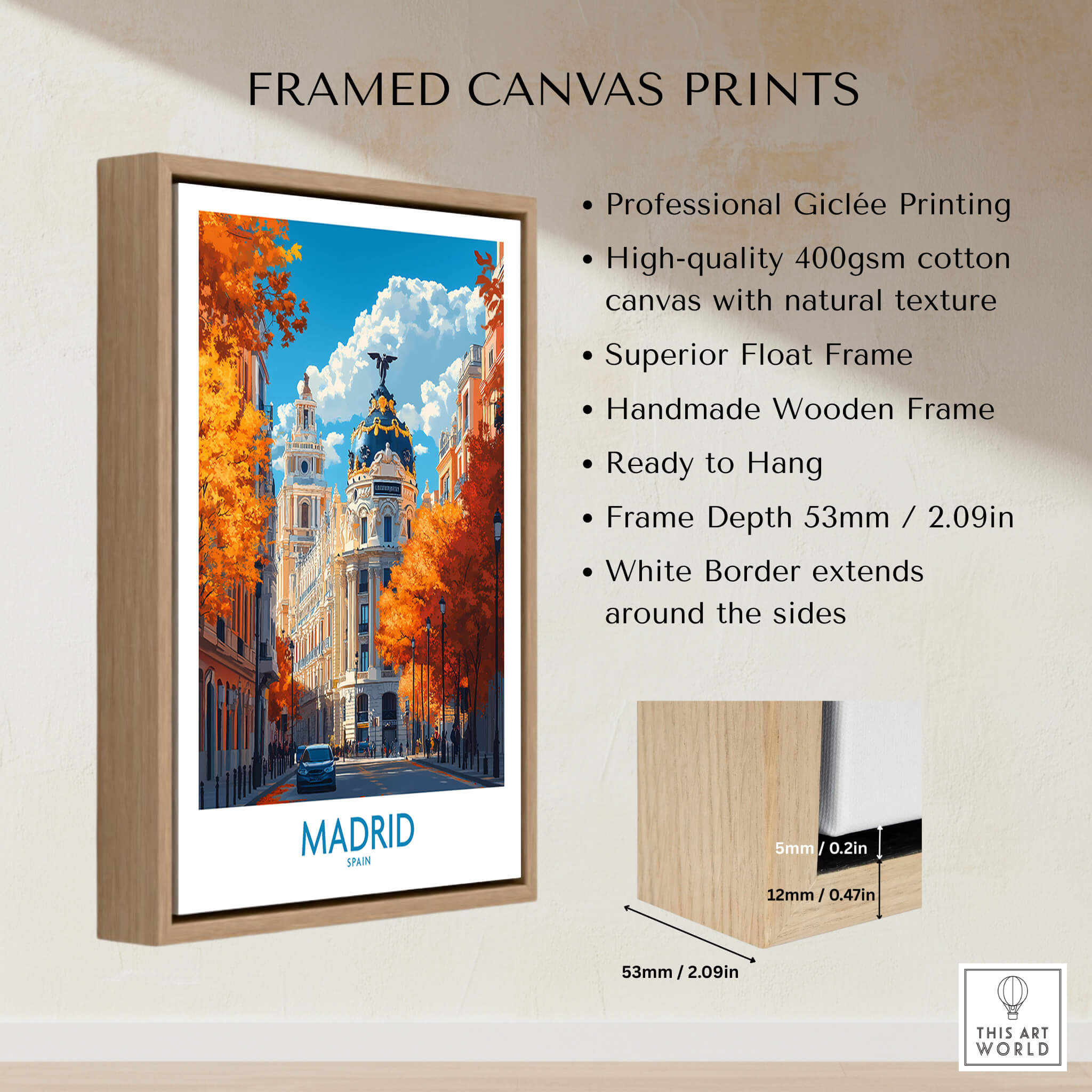 Madrid Wall Art Print showcasing vibrant streets of Madrid with a professional Giclée print and handmade wooden frame.