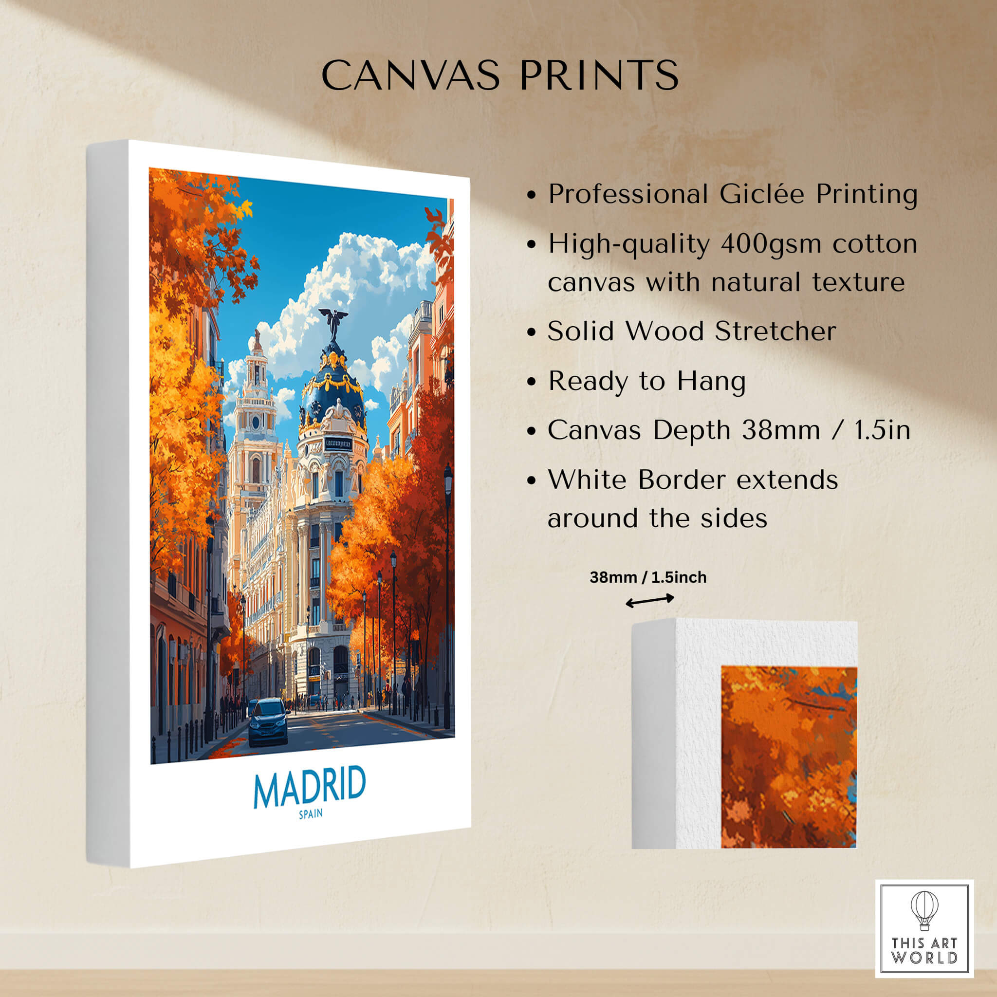 Madrid Wall Art Print showcasing vibrant streets of Madrid in high-quality canvas print.