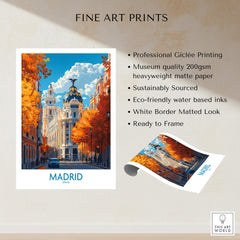 Madrid Wall Art Print showcasing a vibrant street scene with autumn trees and stunning architecture.