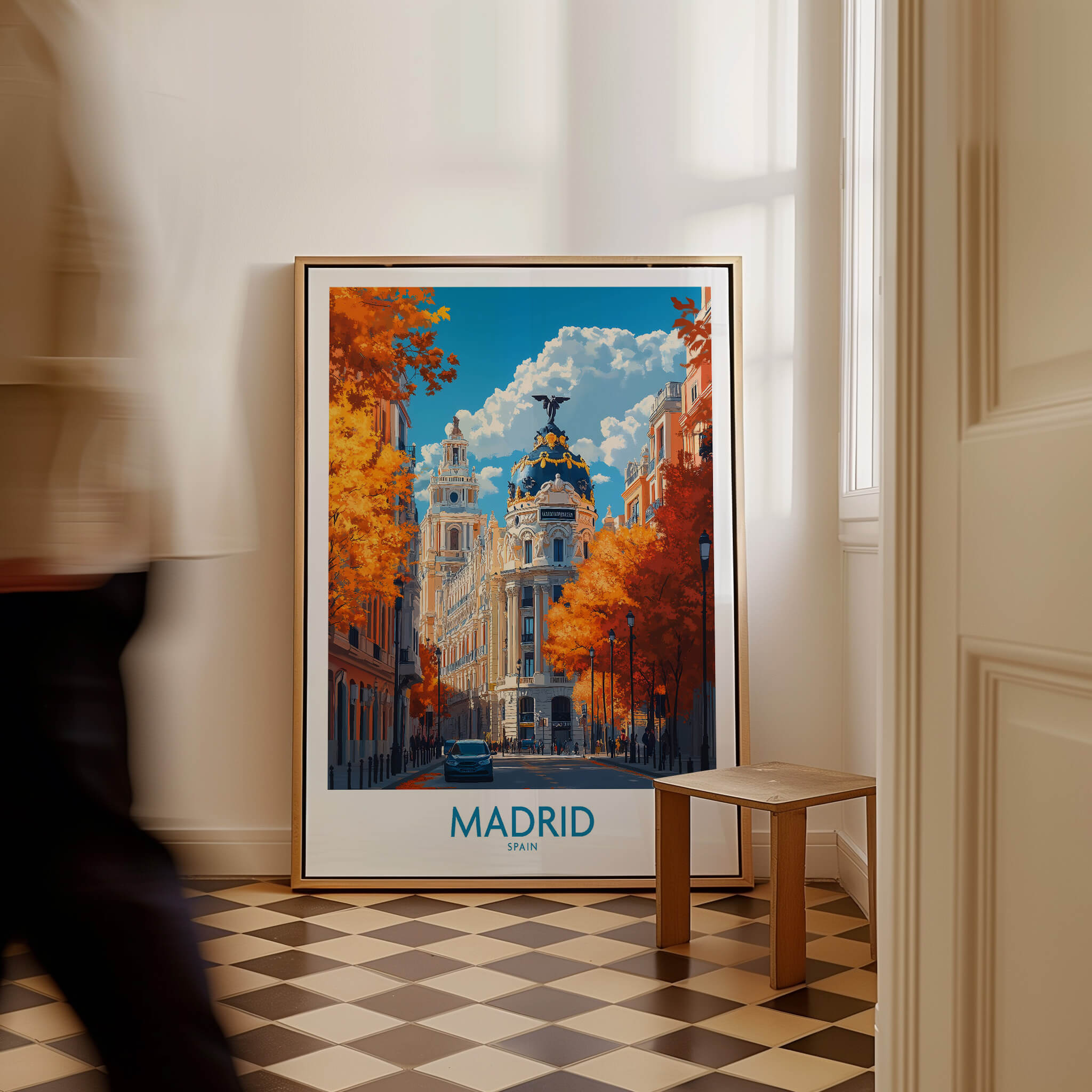Madrid Wall Art Print showcasing a vibrant street scene in Madrid, Spain with autumn colors.