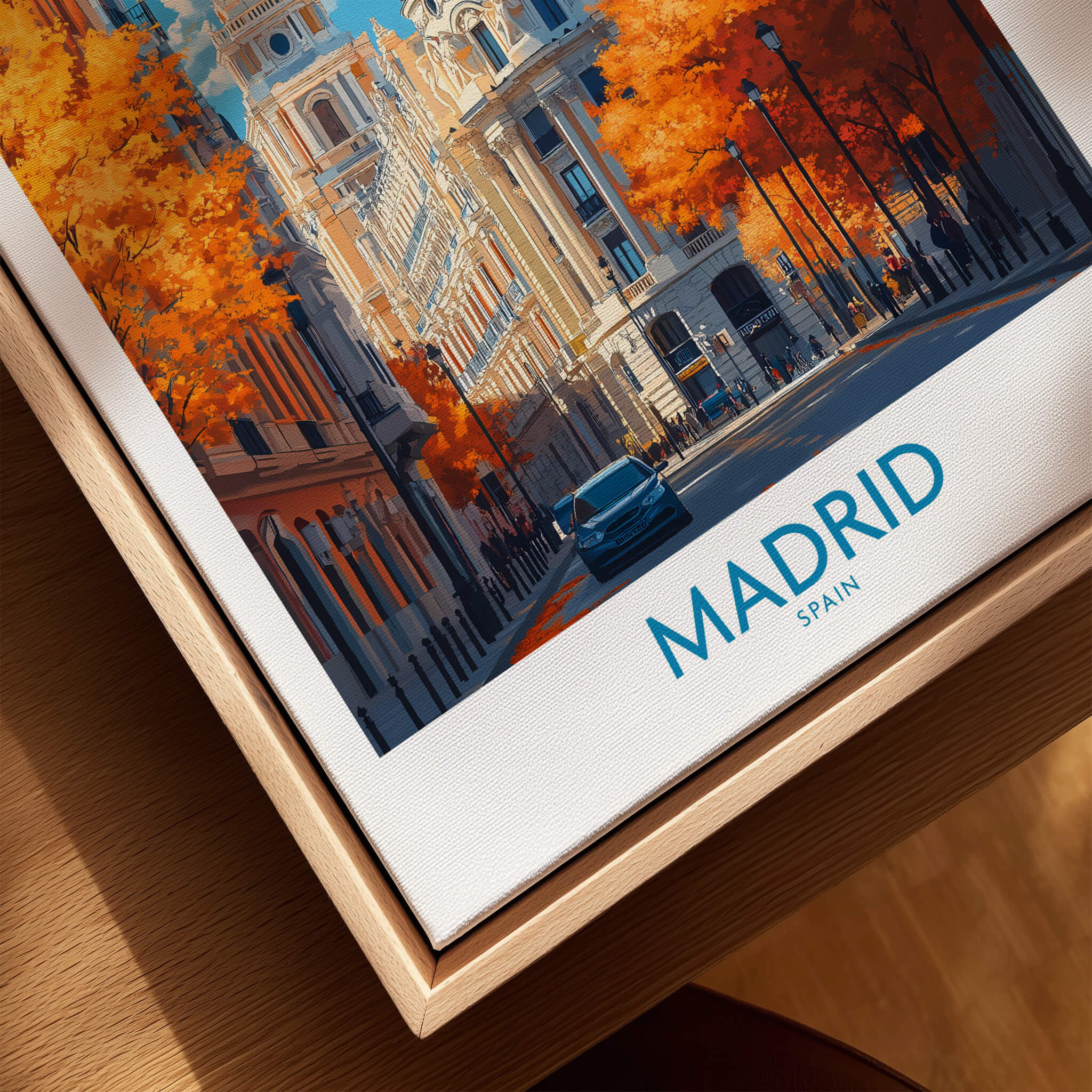 Madrid Wall Art Print showcasing vibrant streets of Spain with autumn colors and architectural beauty.