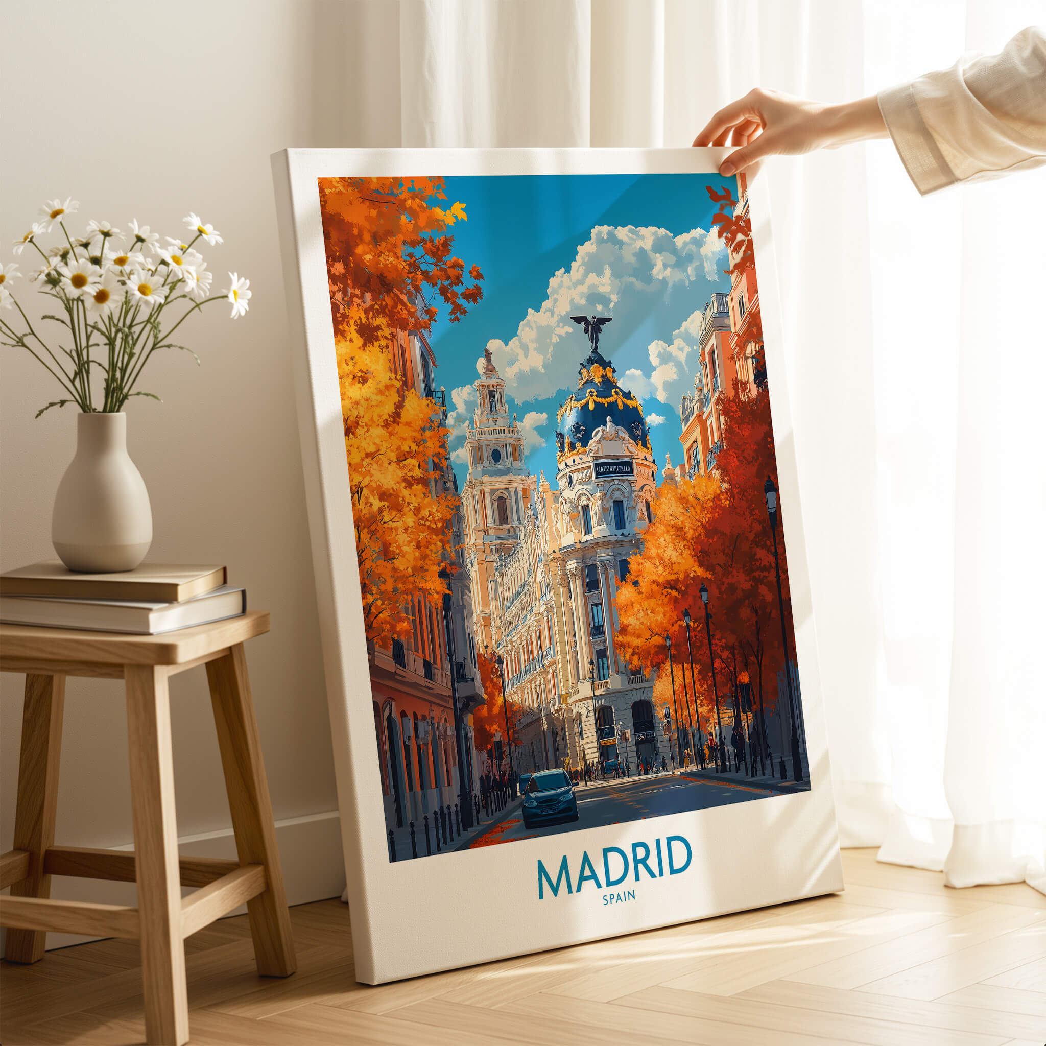 Madrid Wall Art Print showcasing vibrant architecture and autumn colors, perfect for home decor.