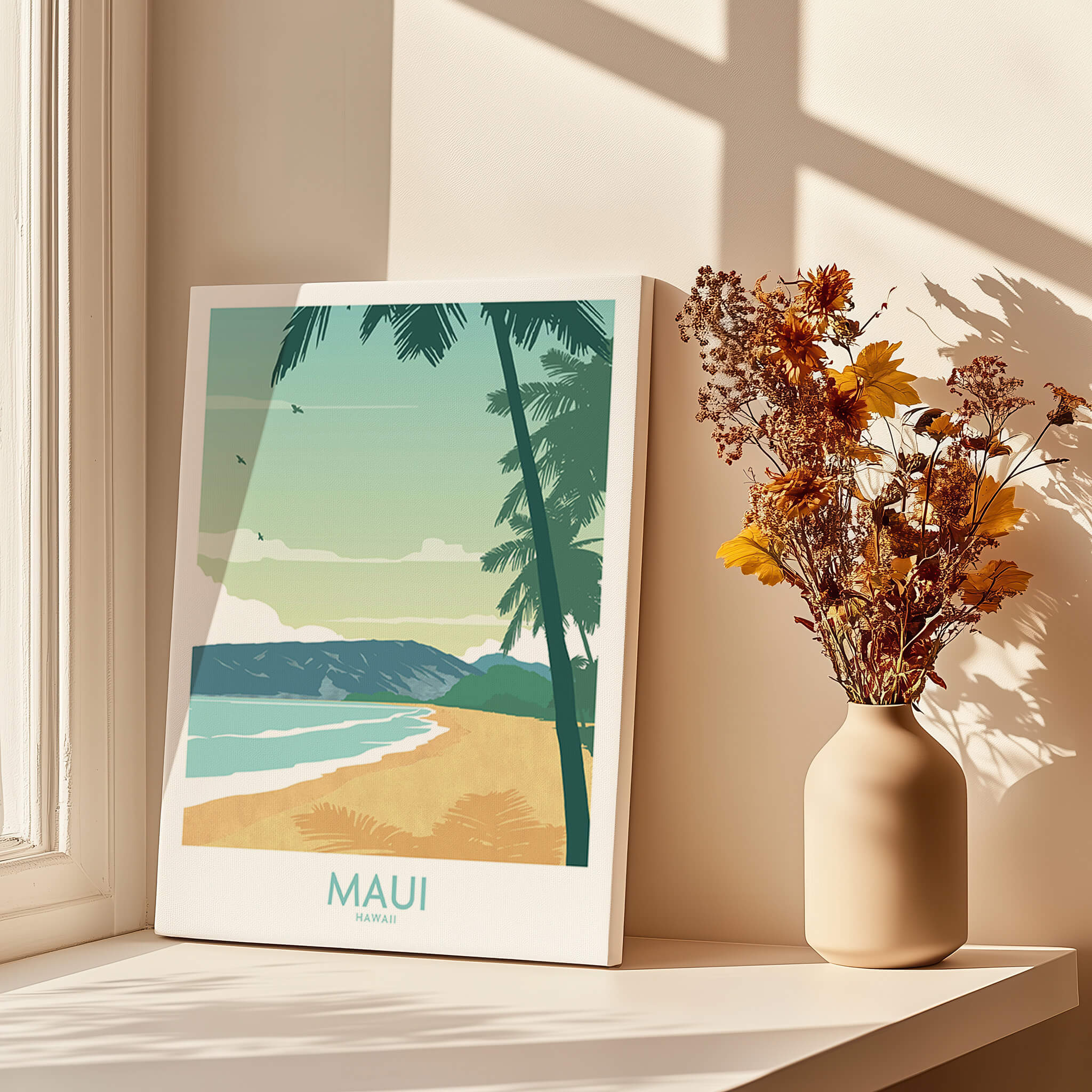 Maui Print Hawaii Poster on a table with palm trees, a sunset beach scene, and a flower vase in a bright room.