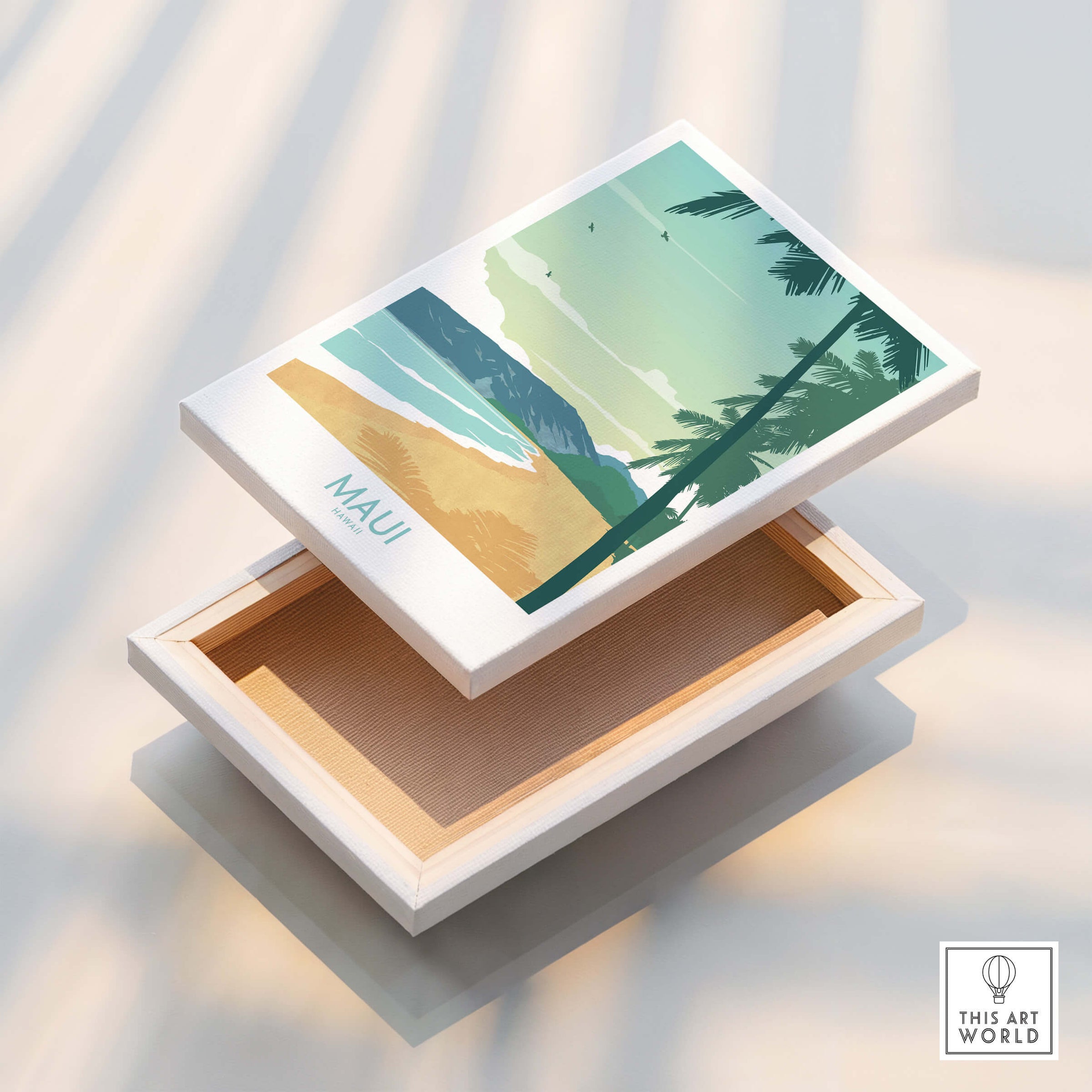 Maui Print Hawaii Poster design featured on a decorative box showcasing a tropical beach scene with palm trees.