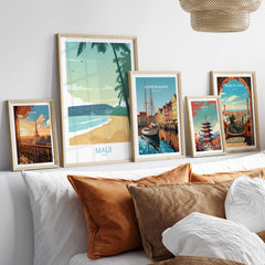 Maui Print Hawaii Poster featuring a serene beach and palm trees, showcased among various travel posters.