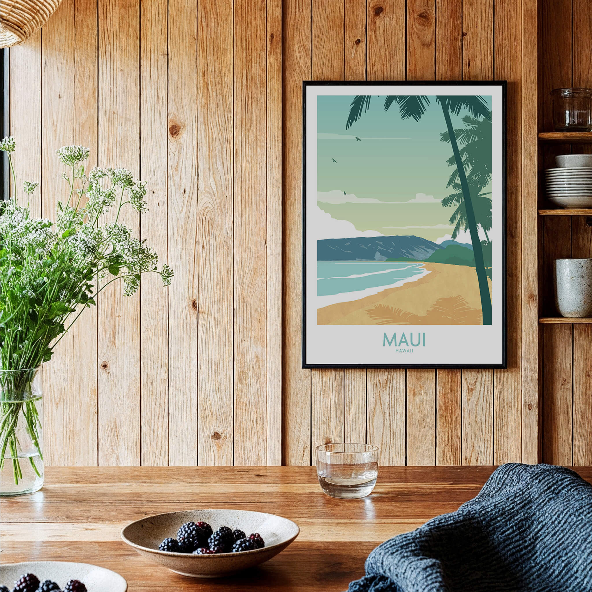 Maui Print Hawaii Poster depicting tropical palm trees and a serene beach in a cozy home setting.