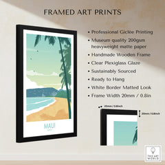Maui Print Hawaii Poster framed art print featuring tropical beach scenery and handmade wooden frame.