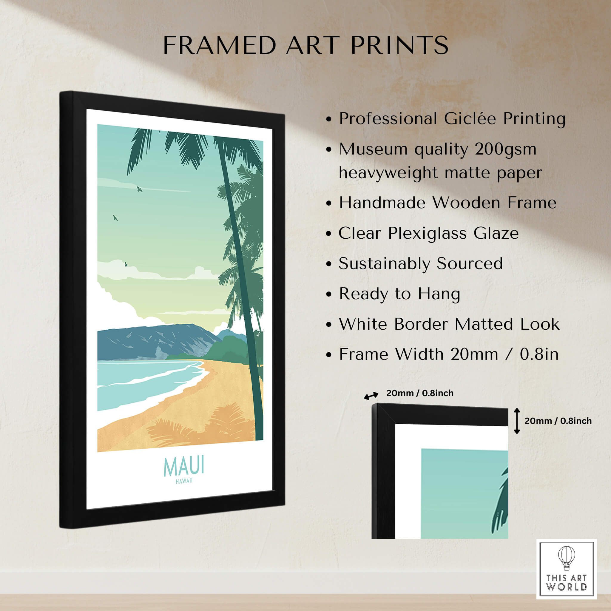 Maui Print Hawaii Poster framed art print featuring tropical beach scenery and handmade wooden frame.