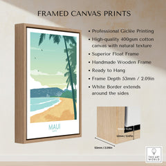 Maui Print Hawaii Poster framed canvas print showcasing palm trees and a serene beach scene.