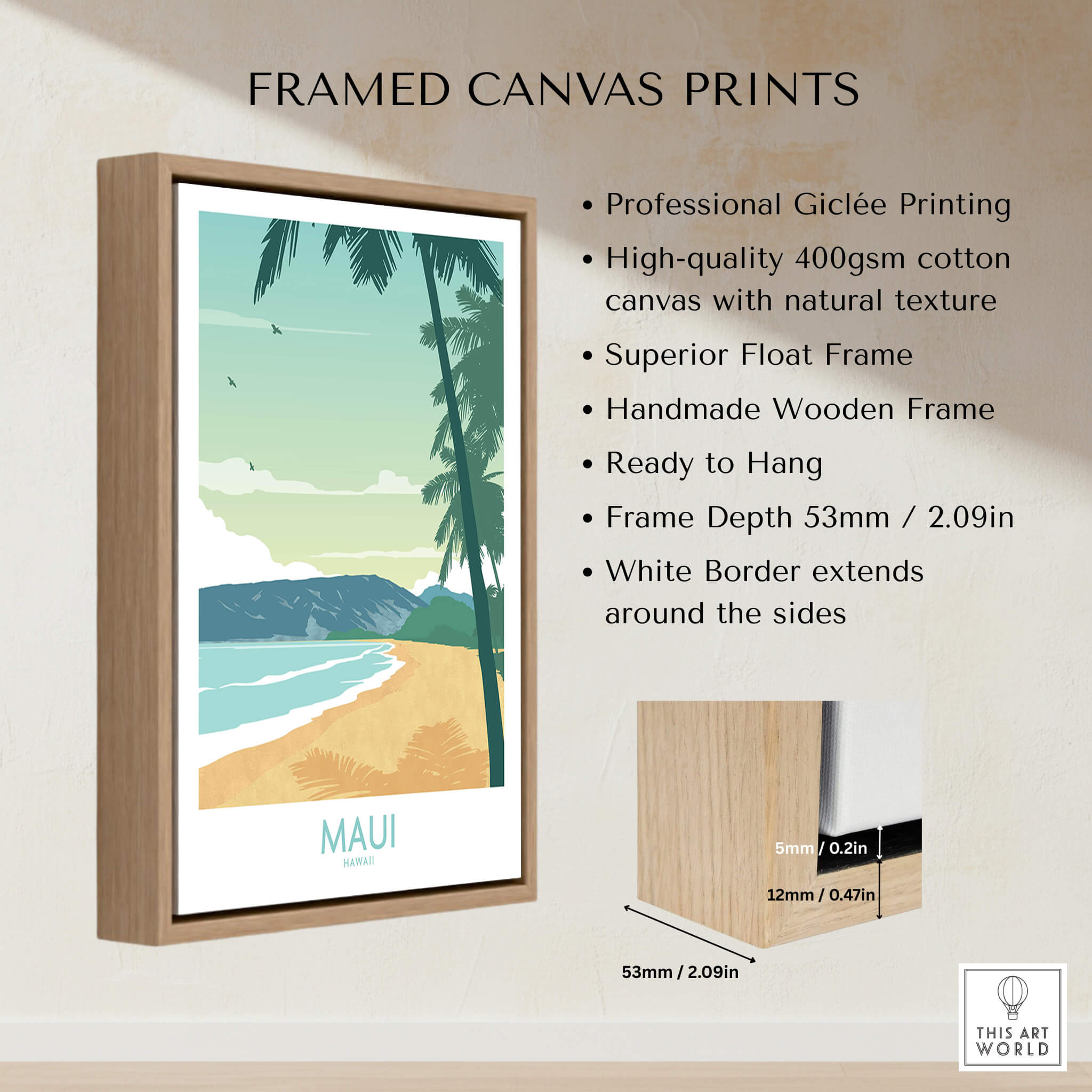 Maui Print Hawaii Poster framed canvas print showcasing palm trees and a serene beach scene.