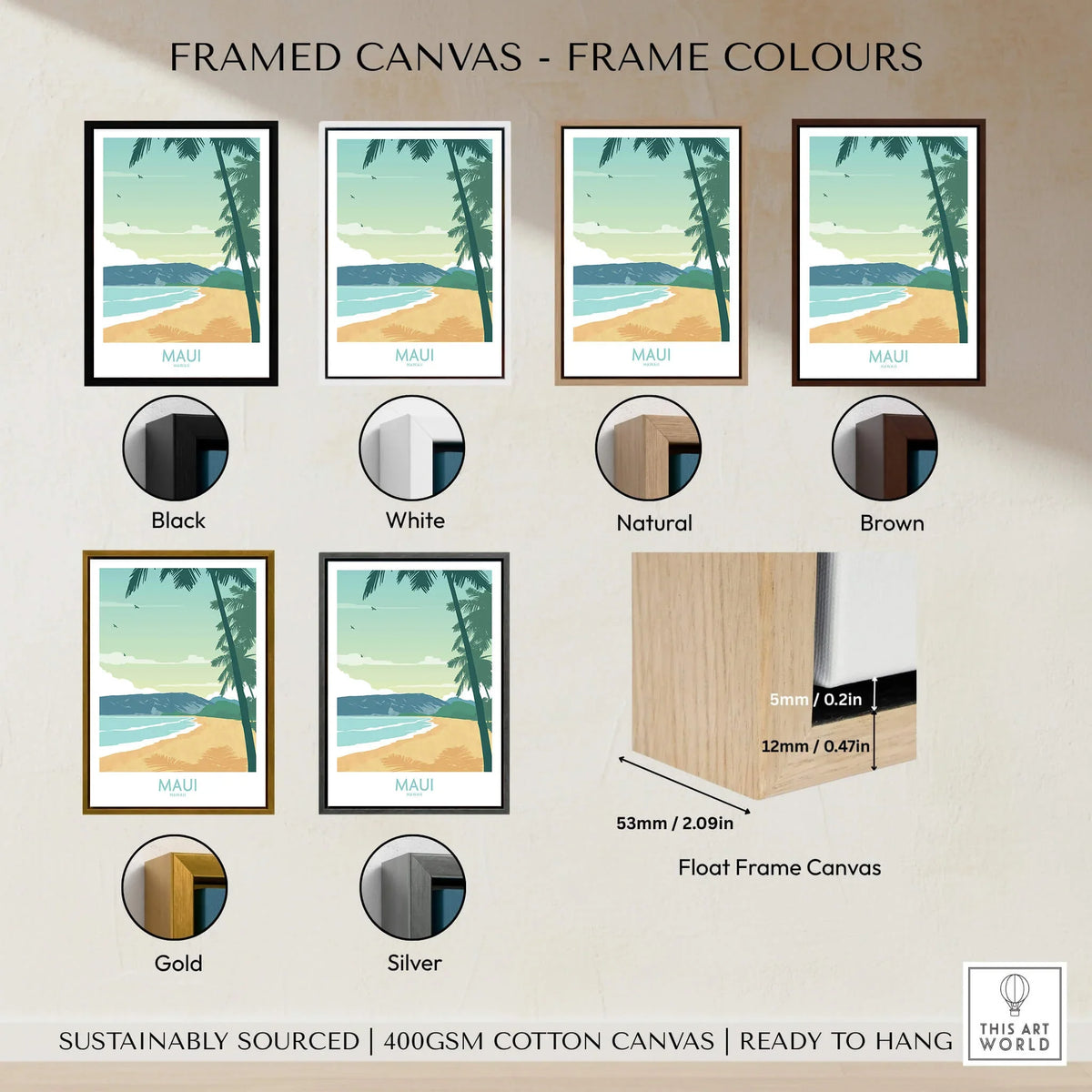 Maui Print Hawaii Poster framed canvas options in various colors including Black, White, Natural, Brown, Gold, and Silver.