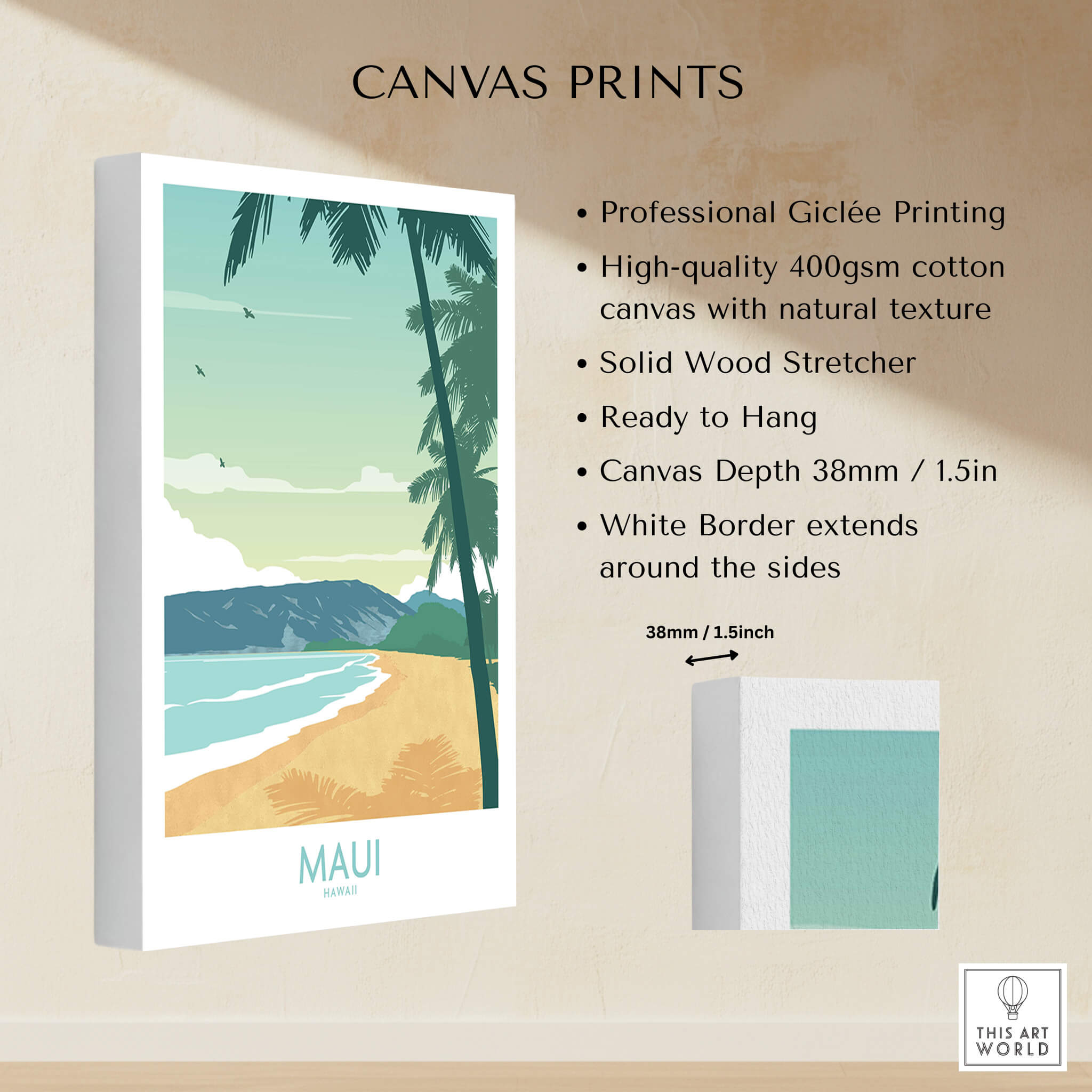 Maui Print Hawaii Poster showcasing a tropical beach scene with palm trees, ready to hang on your wall.