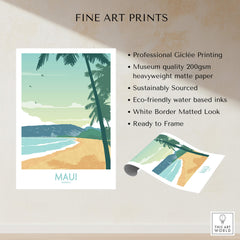 Maui Print Hawaii Poster featuring palm trees and beach, professionally printed on sustainable, museum quality matte paper.